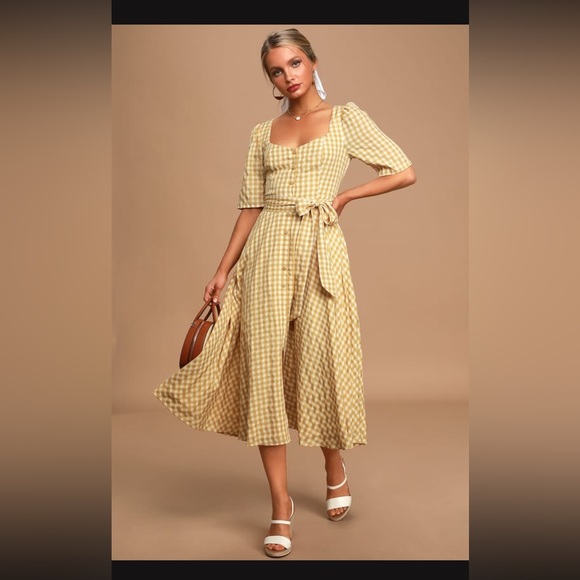Lulus Dresses & Skirts - Sweet little thing mustard yellow gingham midi dress